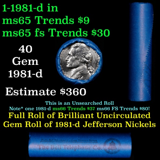 BU Shotgun Jefferson 5c roll, 1987-d 40 pcs Bank $2 Nickel Wrapper