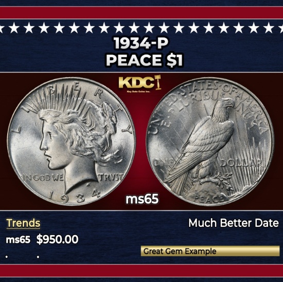 1934-p Peace Dollar $1 Grades ms65