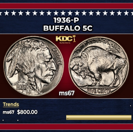 1936-p Buffalo Nickel 5c ms67 SEGS