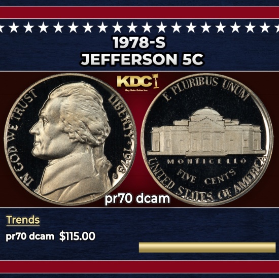 1978-s Proof Jefferson Nickel 5c pr70 dcam SEGS