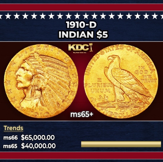 1910-d Gold Indian Half Eagle $5 ms65+ USCG