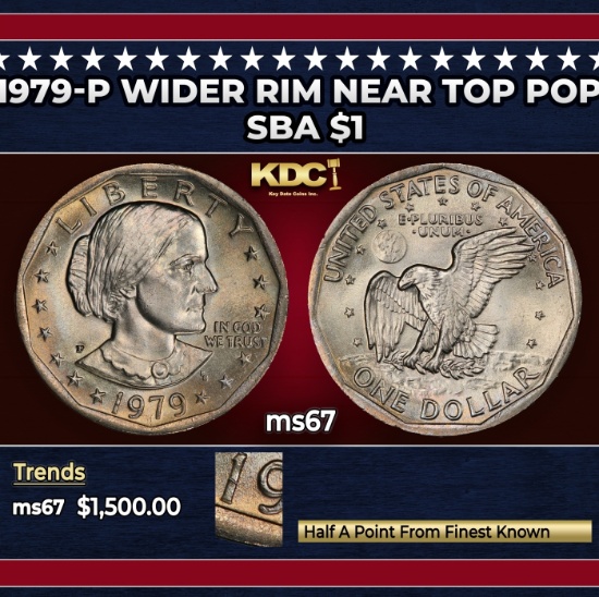 1979-p Wider Rim Susan B. Anthony Dollar Near Top Pop $1 ms67 SEGS