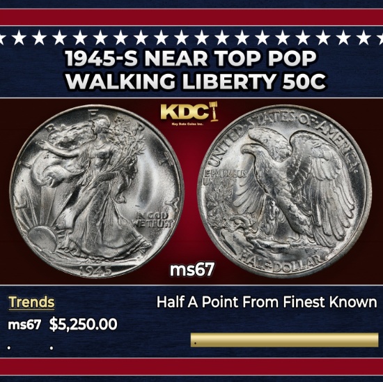 1945-s Walking Liberty Half Dollar Near Top Pop 50c ms67 SEGS