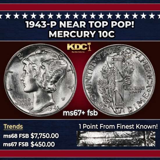 1943-p Mercury Dime Near Top Pop! 10c ms67+ fsb SEGS