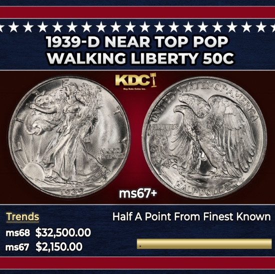 1939-d Walking Liberty Half Dollar Near Top Pop 50c ms67+ SEGS