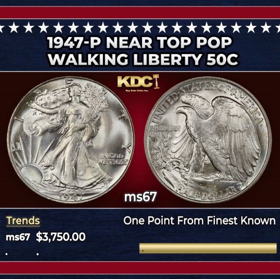 1947-p Walking Liberty Half Dollar Near Top Pop 50c ms67 SEGS