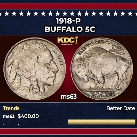 1918-p Buffalo Nickel 5c Grades ms63