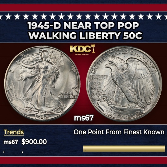 1945-d Walking Liberty Half Dollar Near Top Pop 50c ms67 SEGS