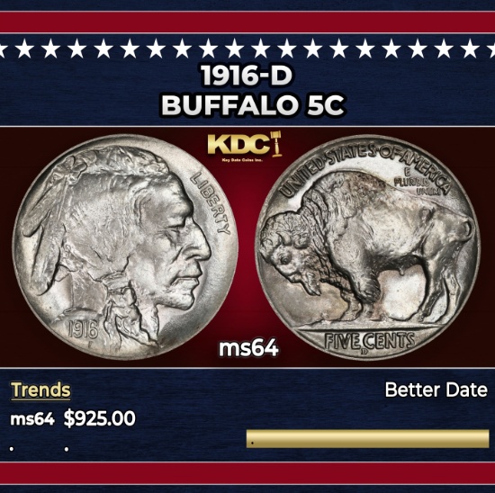 1916-d Buffalo Nickel 5c Grades ms64