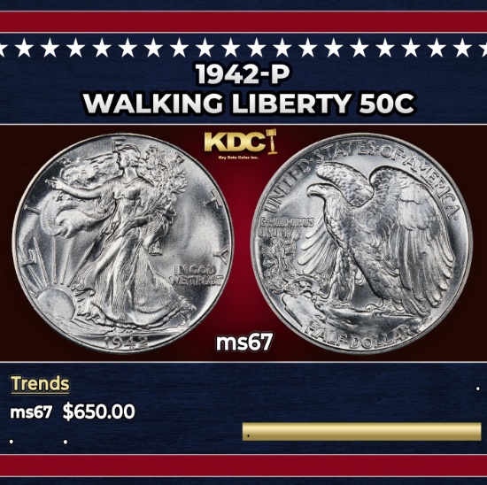 1942-p Walking Liberty Half Dollar 50c ms67 SEGS