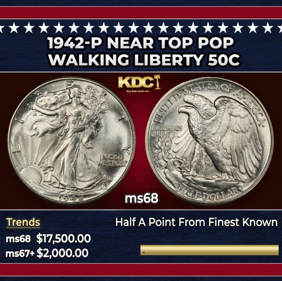 1942-p Walking Liberty Half Dollar Near Top Pop 50c ms68 SEGS