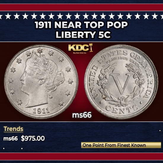 1911 Liberty Nickel Near Top Pop 5c ms66 SEGS