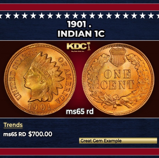 1901 Indian Cent . 1c Grades ms65 rd