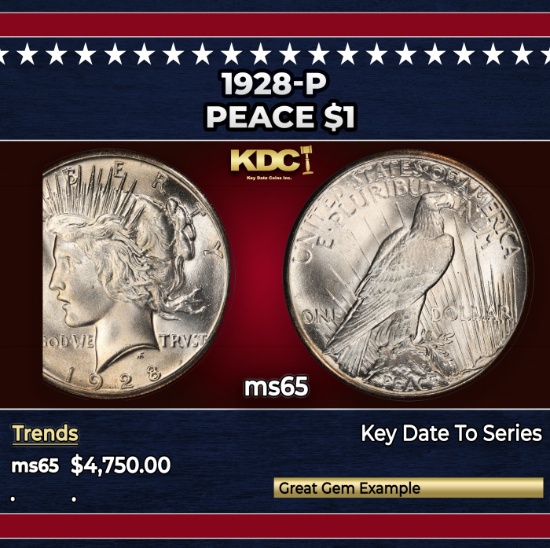 1928-p Peace Dollar $1 ms65 SEGS