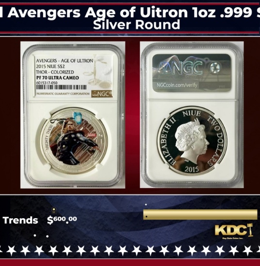NGC NGC 2015 Marvel Thor Colorized Avengers Age of Uitron 1oz .999 Silver $2  Niue Commerative Coin