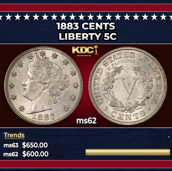 1883 CENTS Liberty Nickel 5c Grades ms62