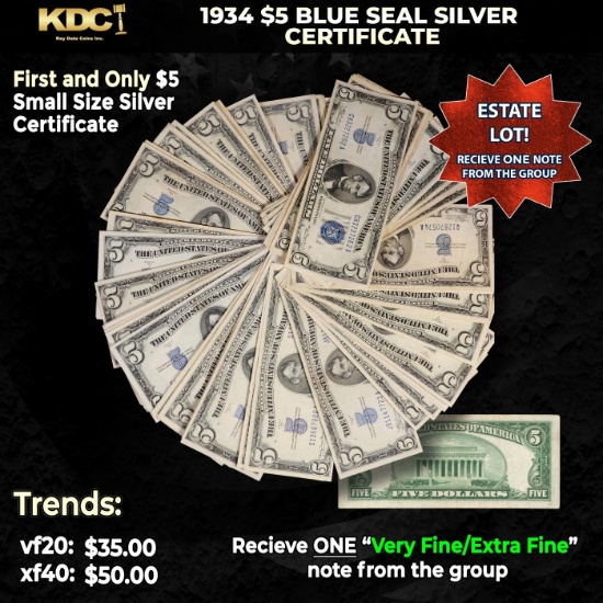 1x 1934 $5 Blue Seal Silver Certificate Grades VF/XF