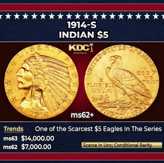 1914-s Gold Indian Half Eagle $5 ms62+ USCG