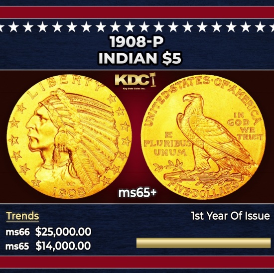 1908-p Gold Indian Half Eagle $5 ms65+ USCG