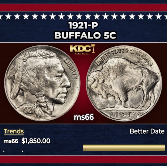 1921-p Buffalo Nickel 5c ms66 SEGS
