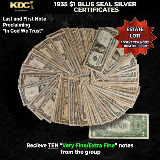 10x 1935 $1 Blue Seal Silver Certificates Grades VF/XF