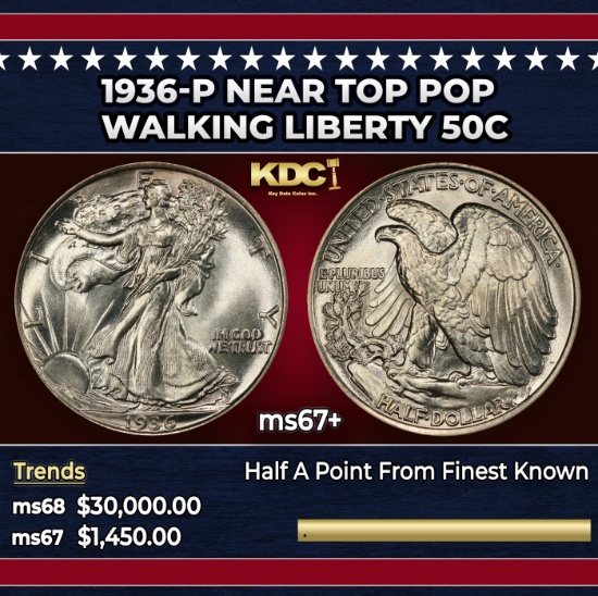 1936-p Walking Liberty Half Dollar Near Top Pop 50c ms67+ SEGS