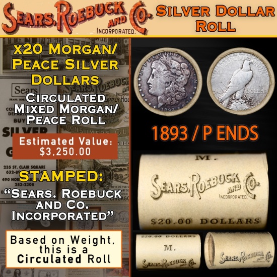 YY- SEARS 20 Coin Mixed Morgan/Peace Dollar Roll Circ 1893/'P' Peace Ends