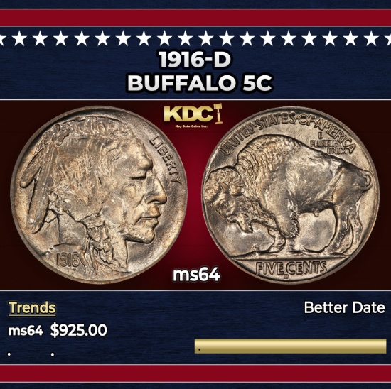 1916-d Buffalo Nickel 5c Grades ms64