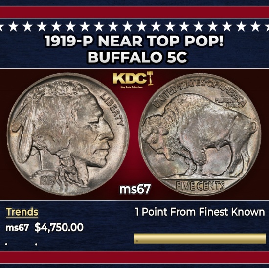 1919-p Buffalo Nickel Near Top Pop! 5c ms67 SEGS