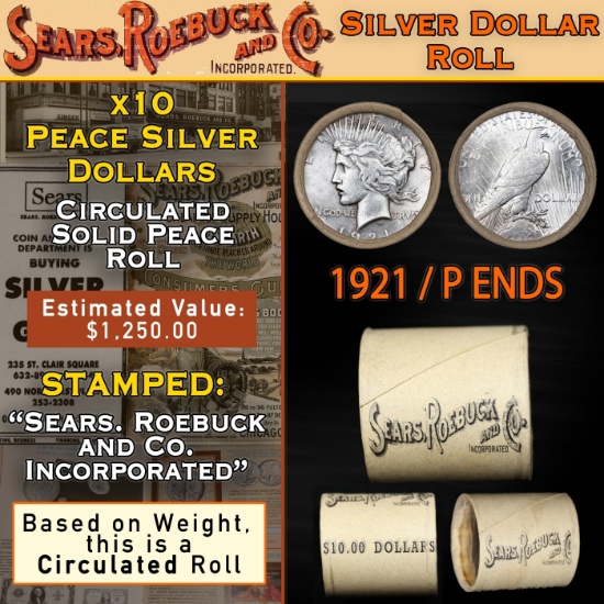 CD- Circ Peace SEARS Roll 10 Coin Silver Dollars $1 1921/'P' Rev Ends