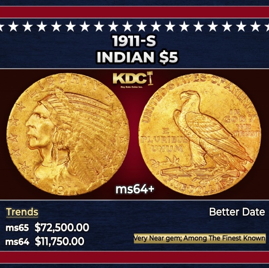 1911-s Gold Indian Half Eagle $5 ms64+ USCG