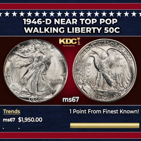 1946-d Walking Liberty Half Dollar Near Top Pop 50c ms67 SEGS