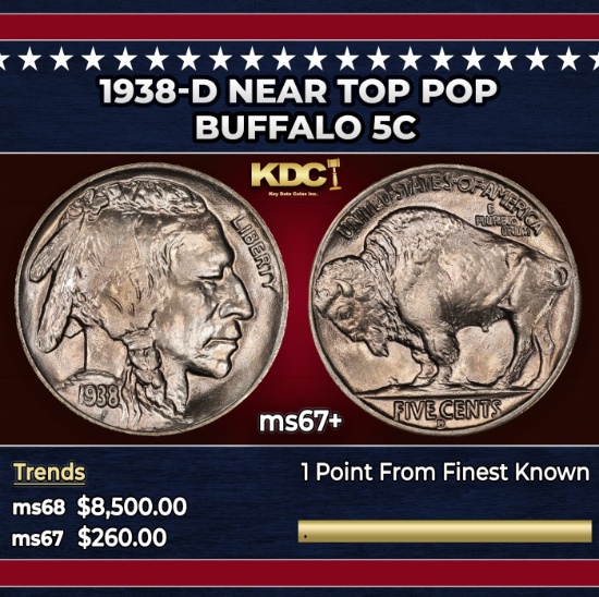 1938-d Buffalo Nickel Near Top Pop 5c ms67+ SEGS
