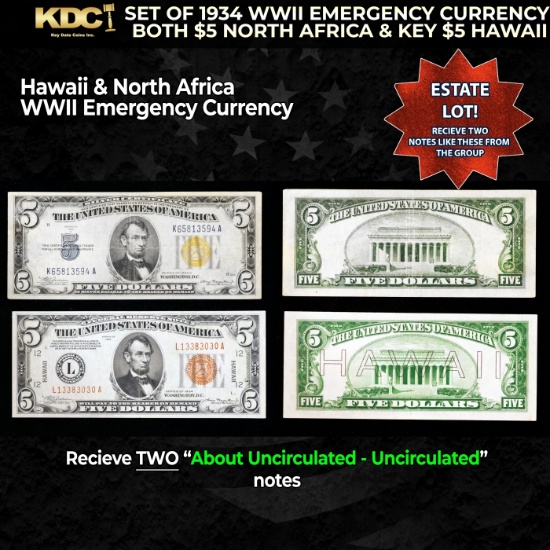 Set of 1934 WWII Emergency Currency Both $5 North Africa & KEY $5 Hawaii Grades AU/CU