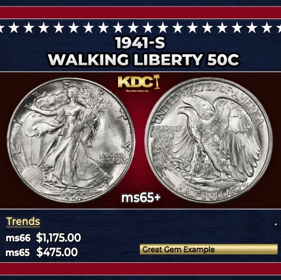 1941-s Walking Liberty Half Dollar 50c Grades ms65+