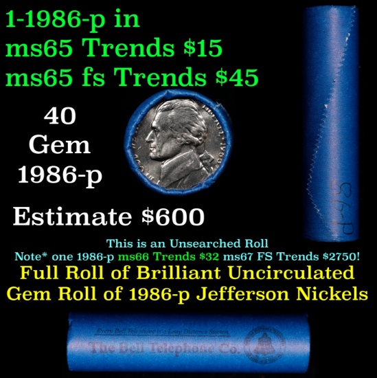 BU Shotgun Jefferson 5c roll, 1986-p 40 pcs Bank $2 Nickel Wrapper