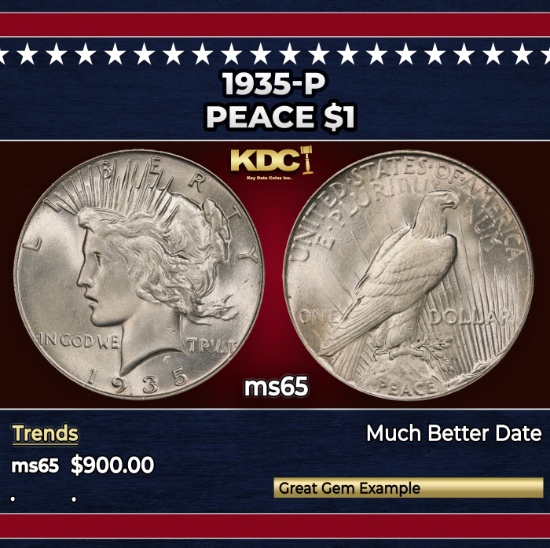1935-p Peace Dollar $1 Grades ms65