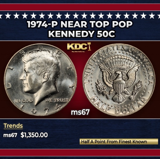 1974-p Kennedy Half Dollar Near Top Pop 50c ms67 SEGS