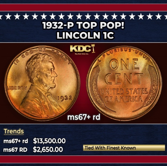 1932-p Lincoln Cent TOP POP! 1c ms67+ rd SEGS