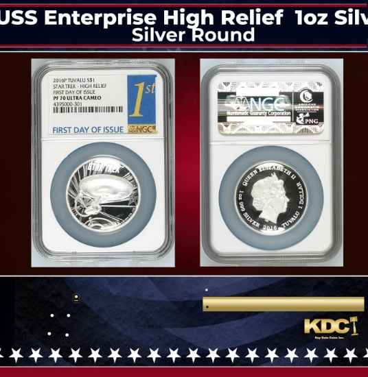 NGC NGC 2016-p Star Trek USS Enterprise High Relief  1oz Silver $1 Australlian Tuvalu  Proof pr70 dc