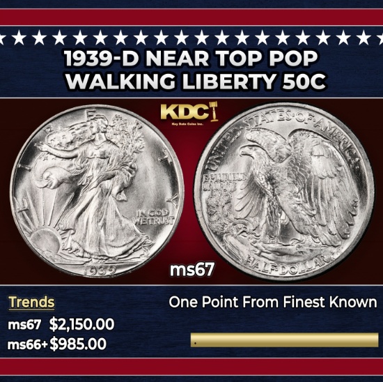 1939-d Walking Liberty Half Dollar Near Top Pop 50c ms67 SEGS