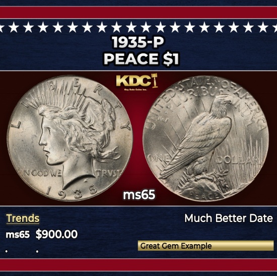 1935-p Peace Dollar $1 Grades ms65
