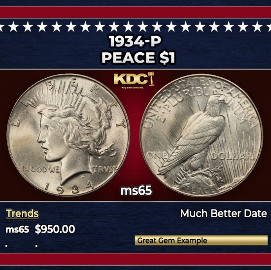 1934-p Peace Dollar $1 Grades ms65