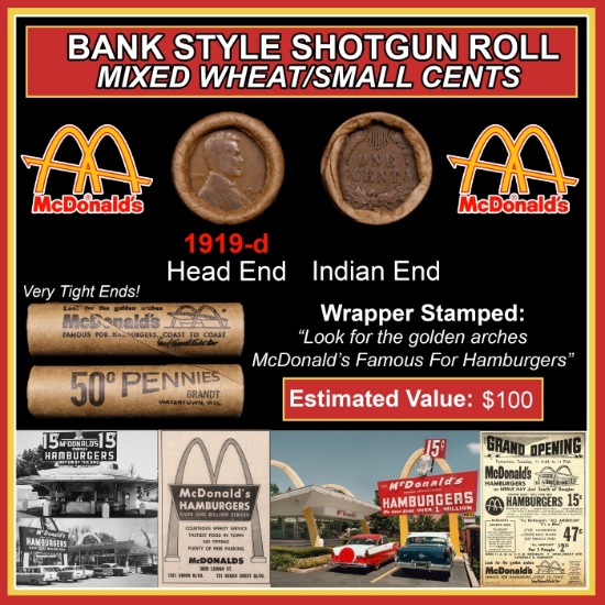 Lincoln Wheat Cent 1c Mixed Roll Orig Brandt McDonalds Wrapper, 1919-d end, Indian other end