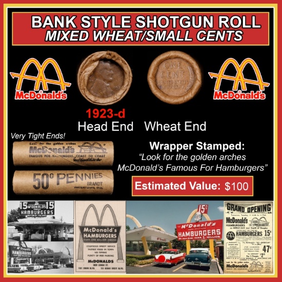 Lincoln Wheat Cent 1c Mixed Roll Orig Brandt McDonalds Wrapper, 1923-d end, Wheat other end