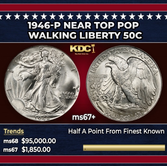 1946-p Walking Liberty Half Dollar Near Top Pop 50c ms67+ SEGS