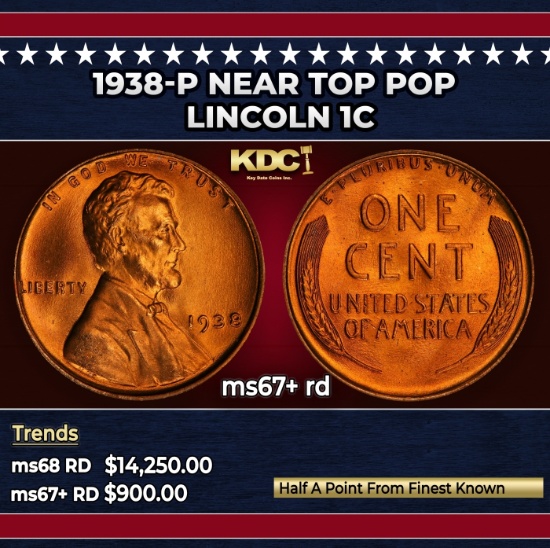 1938-p Lincoln Cent Near Top Pop 1c ms67+ rd SEGS