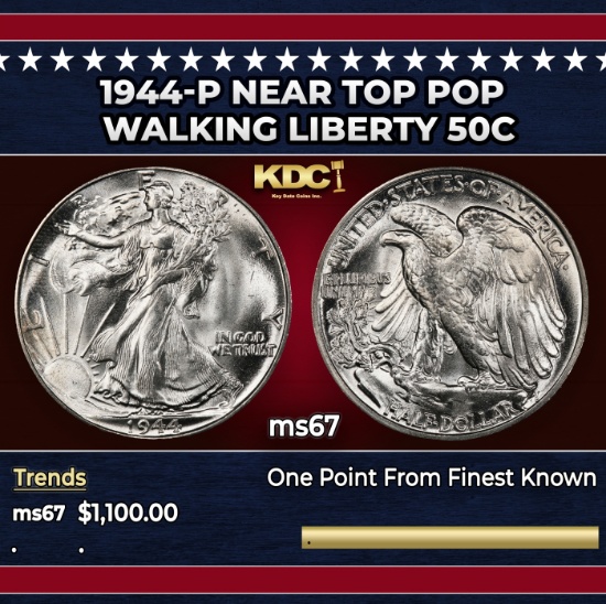 1944-p Walking Liberty Half Dollar Near Top Pop 50c ms67 SEGS