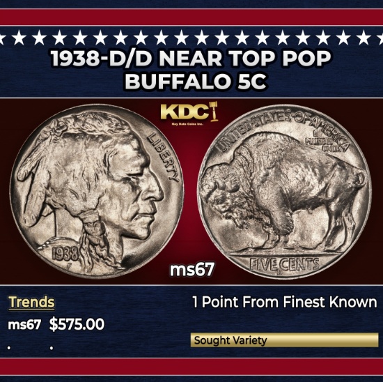 1938-d/d Buffalo Nickel Near Top Pop 5c ms67 SEGS