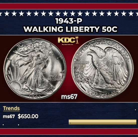 1943-p Walking Liberty Half Dollar 50c ms67 SEGS
